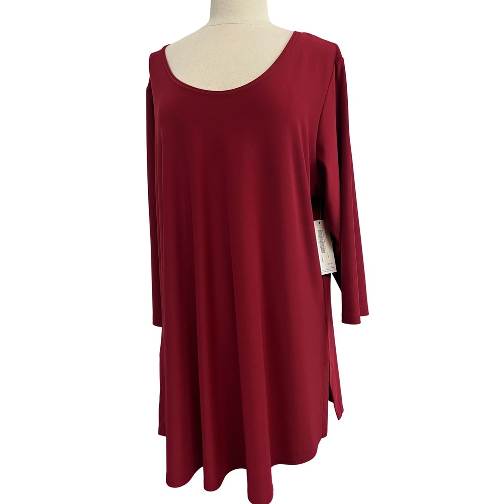 Sympli Go To Classic T Relax Women 1G Scarlet NWT 3/4 Sleeve Side Slit Tunic